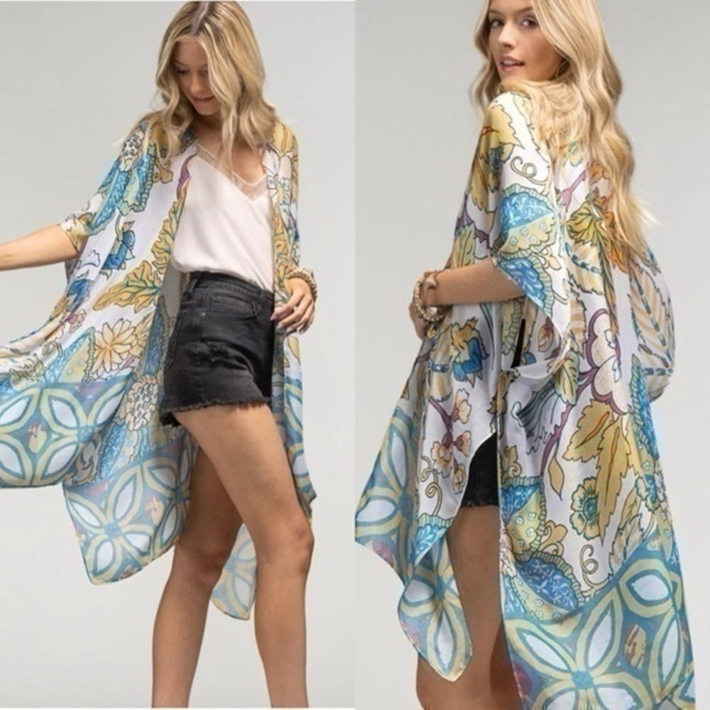Floral purple yellow cream bohemian boho kimono cardigan One Size NWOT